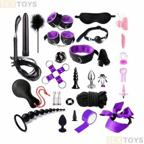 Leather BDSM Kit 28 Pcs Set Black Purple